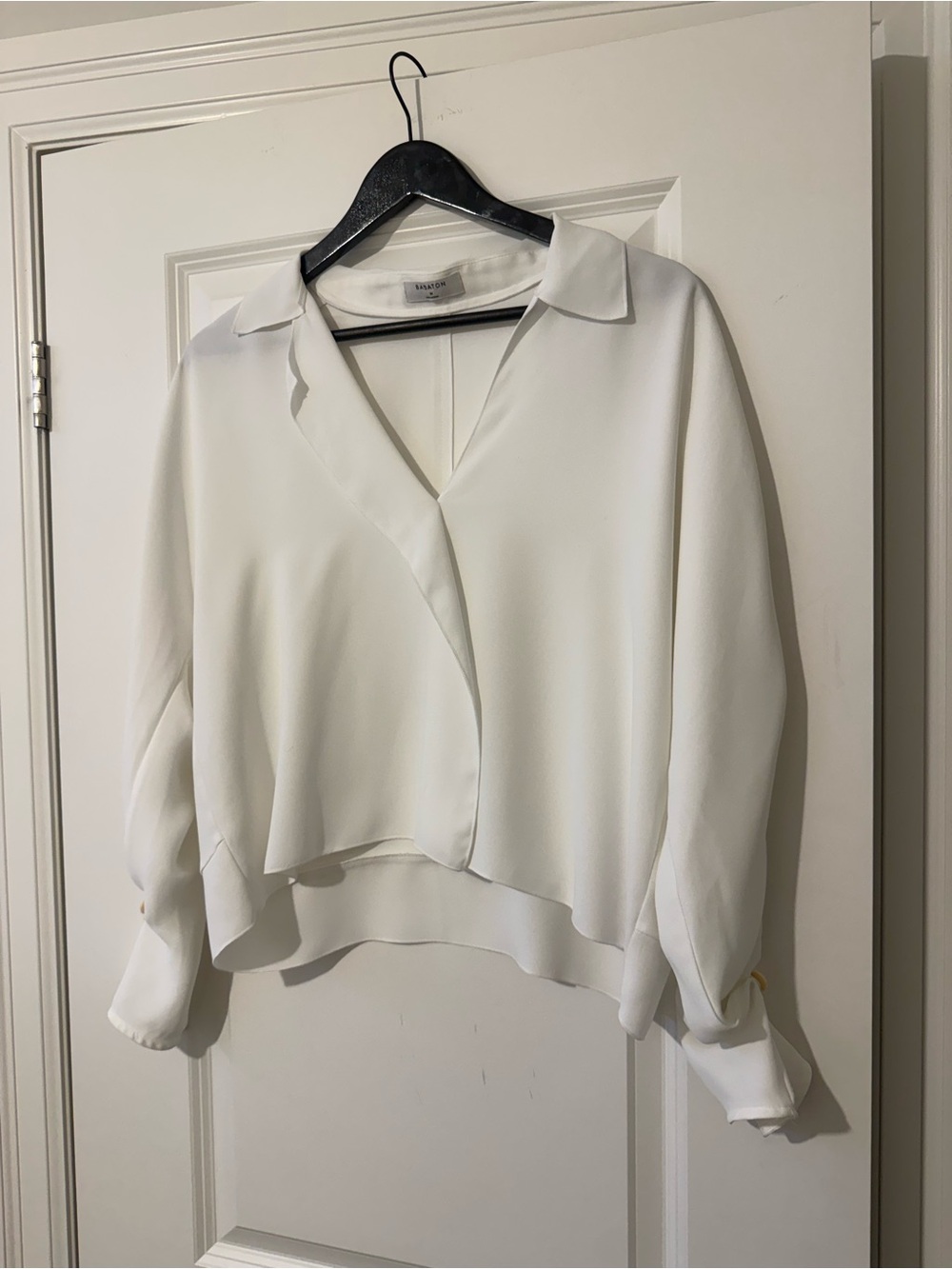 Babaton White Draped Collared Blouse